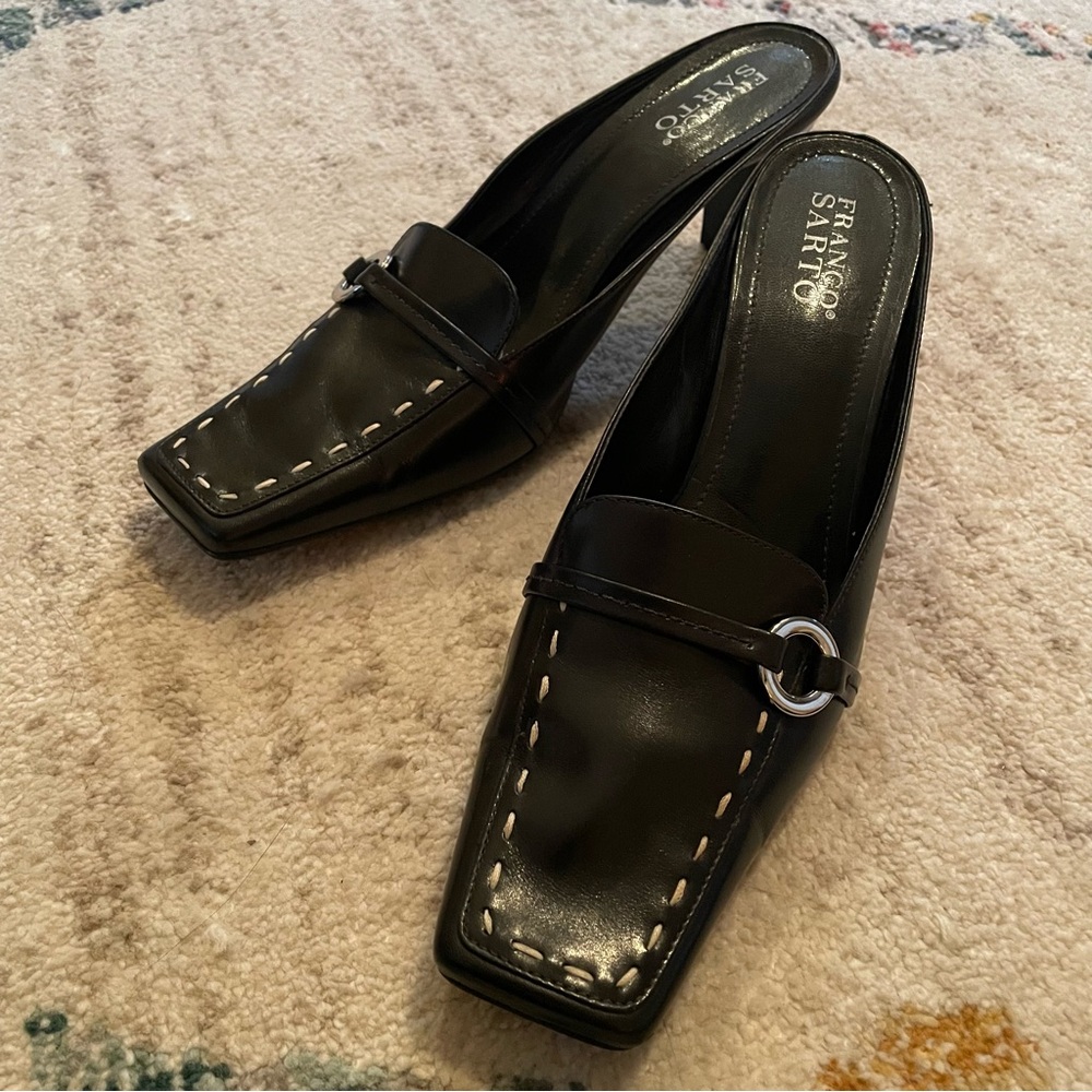 Franco Sarto Black Mules with Silver Ring Detail